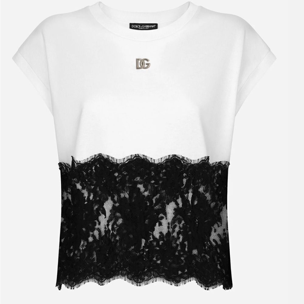 Dolce & Gabbana White T Shirt with pink lace detail